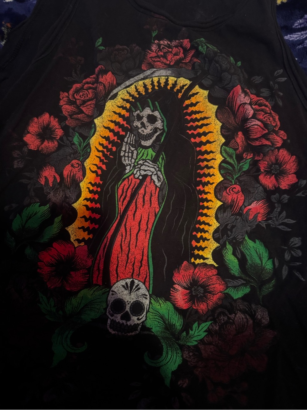 RUDE Black Tank with Red and Green Floral Graphic